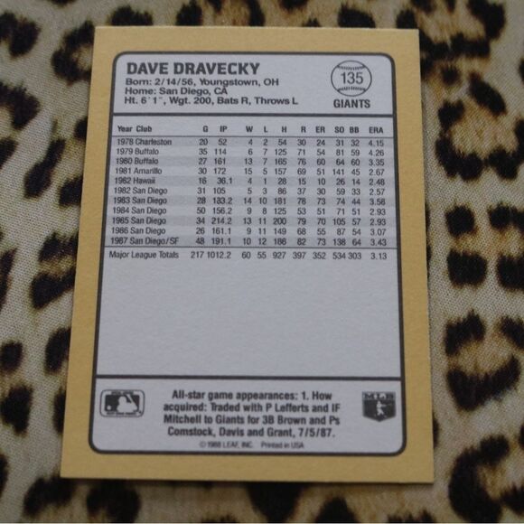 Dave Dravecky #135 Baseball Card - Picture 2 of 2